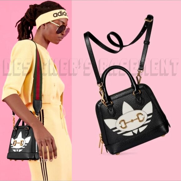 GUCCI black Leather Adidas X Gucci 1955 gold Horsebit Web Trefoil Mini Bag+box๐ - Picture 1 of 12